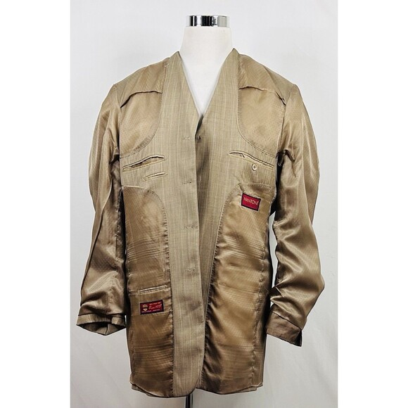 Mantoni 46L Suit 36x31 Pleated Beige Striped 100% Wool Four Button Lined - Picture 7 of 12